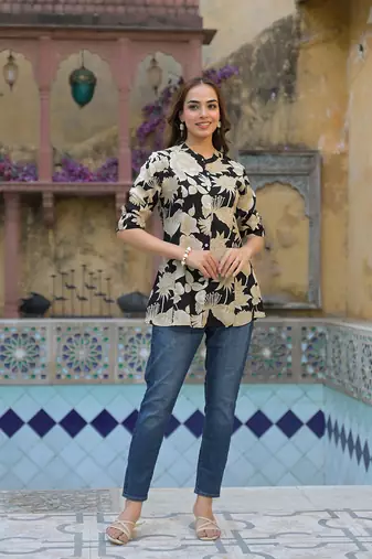 Divena black printed rayon a-line top