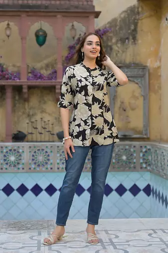 Divena black printed rayon a-line top