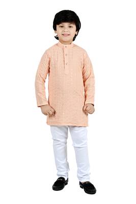 Beige viscose chikankari embroidered sequins kurta and pyjama set for boys 1