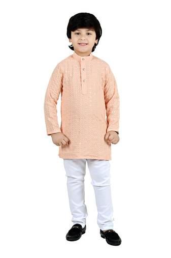 Beige viscose chikankari embroidered sequins kurta and pyjama set for boys