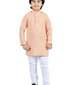 Beige viscose chikankari embroidered sequins kurta and pyjama set for boys