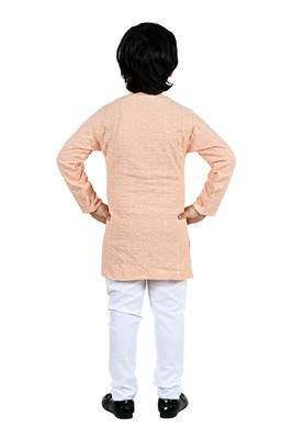 Beige viscose chikankari embroidered sequins kurta and pyjama set for boys 2