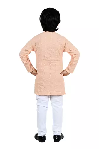 Beige viscose chikankari embroidered sequins kurta and pyjama set for boys