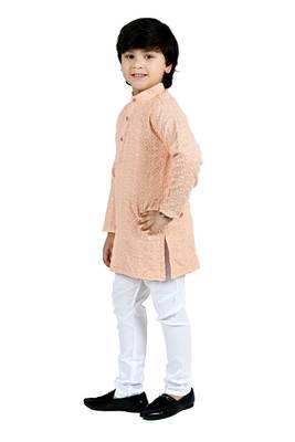 Beige viscose chikankari embroidered sequins kurta and pyjama set for boys 3