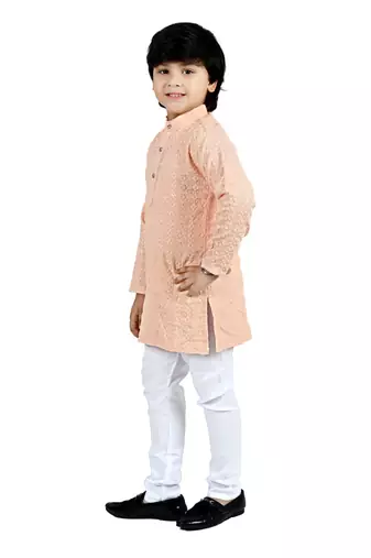 Beige viscose chikankari embroidered sequins kurta and pyjama set for boys