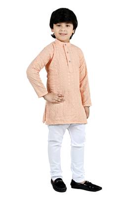 Beige viscose chikankari embroidered sequins kurta and pyjama set for boys 4