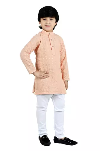 Beige viscose chikankari embroidered sequins kurta and pyjama set for boys
