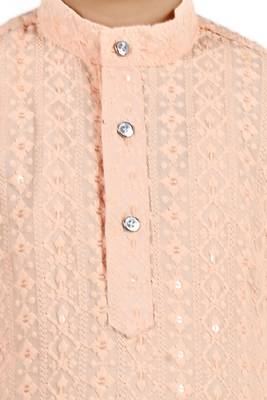 Beige viscose chikankari embroidered sequins kurta and pyjama set for boys 5