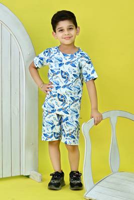 White cotton knitted tropical printed half sleeves t-shirt and shorts set fo boys 1