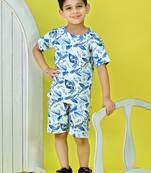 White cotton knitted tropical printed half sleeves t-shirt and shorts set fo boys