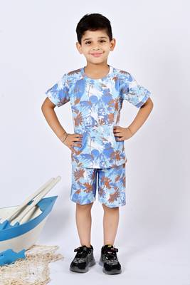 Blue cotton knitted tropical printed half sleeves t-shirt & shorts set for boys 1