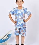 Blue cotton knitted tropical printed half sleeves t-shirt & shorts set for boys