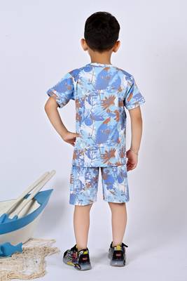 Blue cotton knitted tropical printed half sleeves t-shirt & shorts set for boys 2