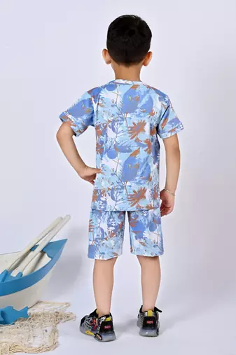 Blue cotton knitted tropical printed half sleeves t-shirt & shorts set for boys