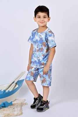 Blue cotton knitted tropical printed half sleeves t-shirt & shorts set for boys 3