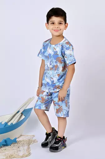 Blue cotton knitted tropical printed half sleeves t-shirt & shorts set for boys