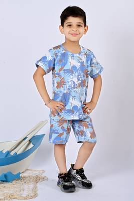 Blue cotton knitted tropical printed half sleeves t-shirt & shorts set for boys 4