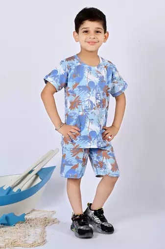Blue cotton knitted tropical printed half sleeves t-shirt & shorts set for boys