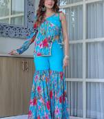 Turquoise Blue Silk Printed Ishani Garara set