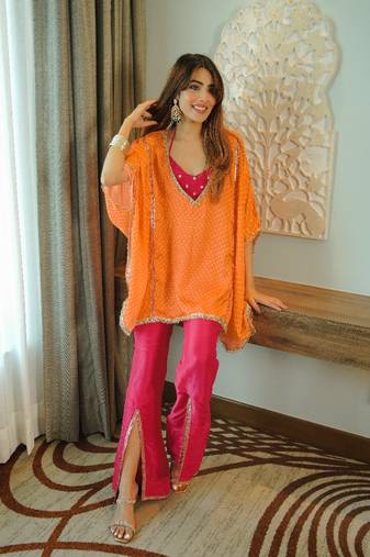 Orange silk blend solid neermohi kaftaan set