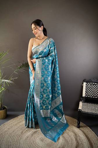 turquoise soft silk blend meenakari zari weaving banarasi saree