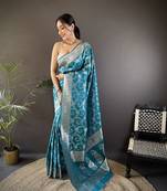 turquoise soft silk blend meenakari zari weaving banarasi saree