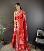 red soft silk blend meenakari zari weaving banarasi saree