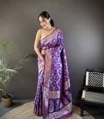 purple soft silk blend meenakari zari weaving banarasi saree