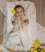 White half-sleeve mandarin collar cream with double golden kasavu stripes shirt for kids