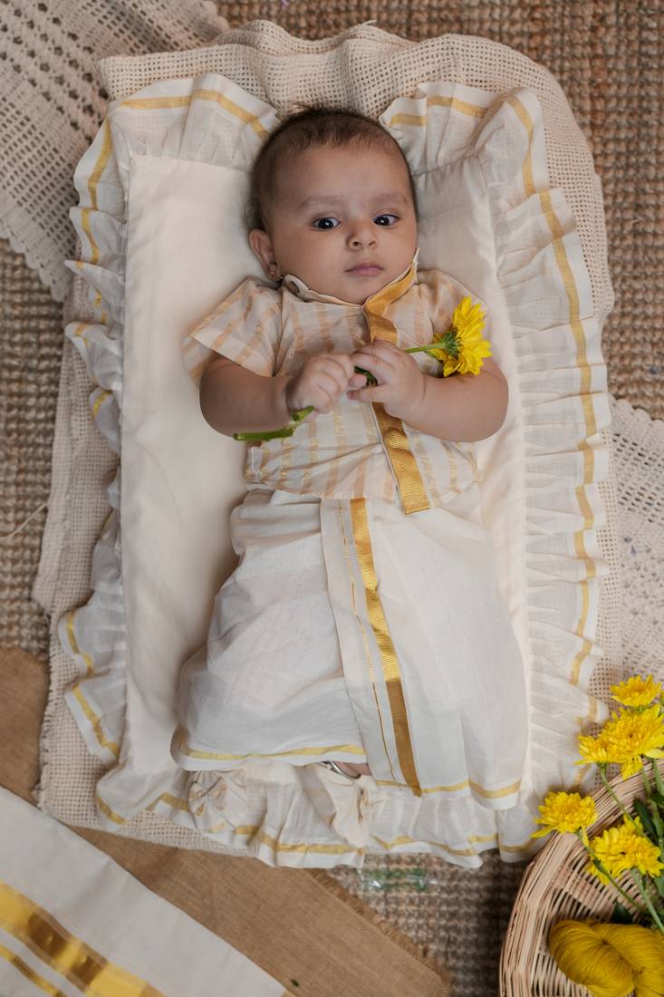 White half-sleeve mandarin collar cream with double golden kasavu stripes shirt for kids