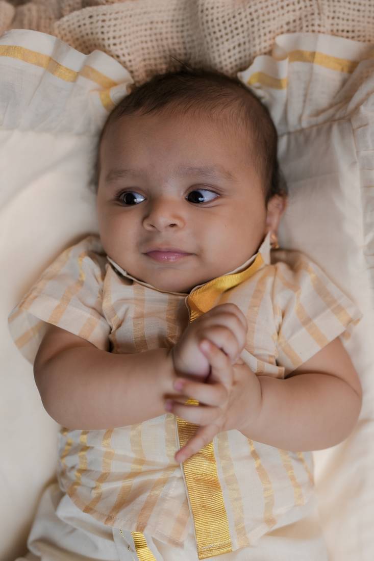 White half-sleeve mandarin collar cream with double golden kasavu stripes shirt for kids