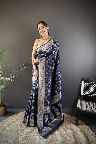 blue soft silk blend meenakari zari weaving banarasi saree