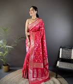 pink soft silk blend meenakari zari weaving banarasi saree