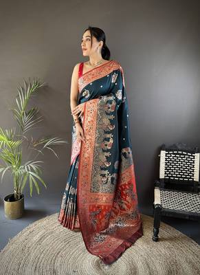 dark teal soft silk blend meenakari peacock  zari weaving work paithani saree 1