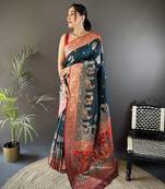 dark teal soft silk blend meenakari peacock  zari weaving work paithani saree