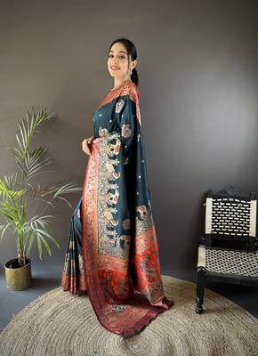 dark teal soft silk blend meenakari peacock  zari weaving work paithani saree 2