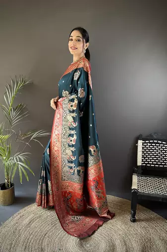 dark teal soft silk blend meenakari peacock  zari weaving work paithani saree