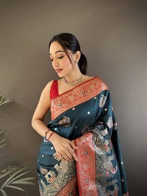 dark teal soft silk blend meenakari peacock  zari weaving work paithani saree 3