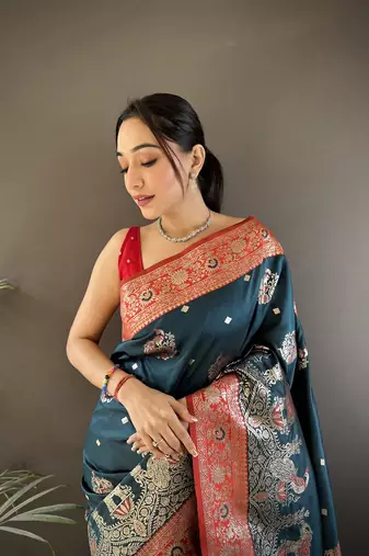 dark teal soft silk blend meenakari peacock  zari weaving work paithani saree
