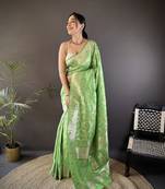 pista green soft silk blend meenakari zari weaving banarasi saree