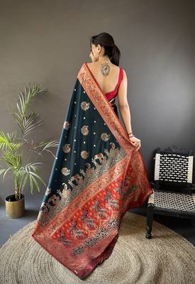 dark teal soft silk blend meenakari peacock  zari weaving work paithani saree 4