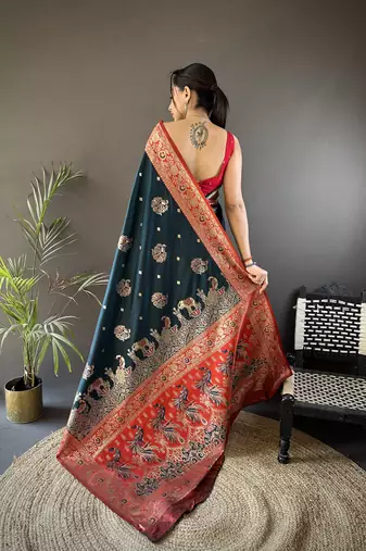 dark teal soft silk blend meenakari peacock  zari weaving work paithani saree