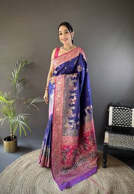 royal blue soft silk blend meenakari peacock zari weaving work paithani saree 1