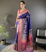 royal blue soft silk blend meenakari peacock zari weaving work paithani saree
