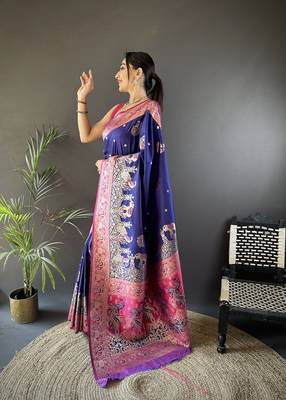 royal blue soft silk blend meenakari peacock zari weaving work paithani saree 2
