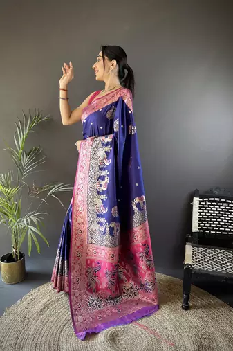 royal blue soft silk blend meenakari peacock zari weaving work paithani saree