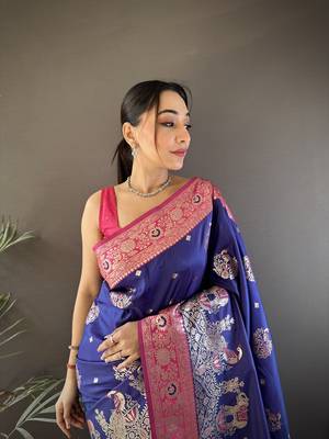royal blue soft silk blend meenakari peacock zari weaving work paithani saree 3