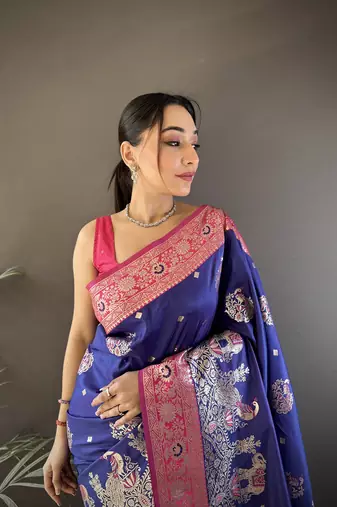 royal blue soft silk blend meenakari peacock zari weaving work paithani saree