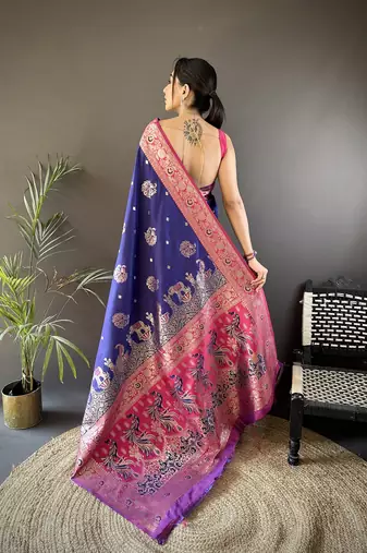 royal blue soft silk blend meenakari peacock zari weaving work paithani saree