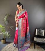 pink soft silk blend meenakari peacock zari weaving work paithani saree